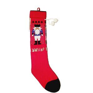 Vtg Inspired Nutcracker Christmas Holiday Stocking With Pom-Poms & Hanging Loop